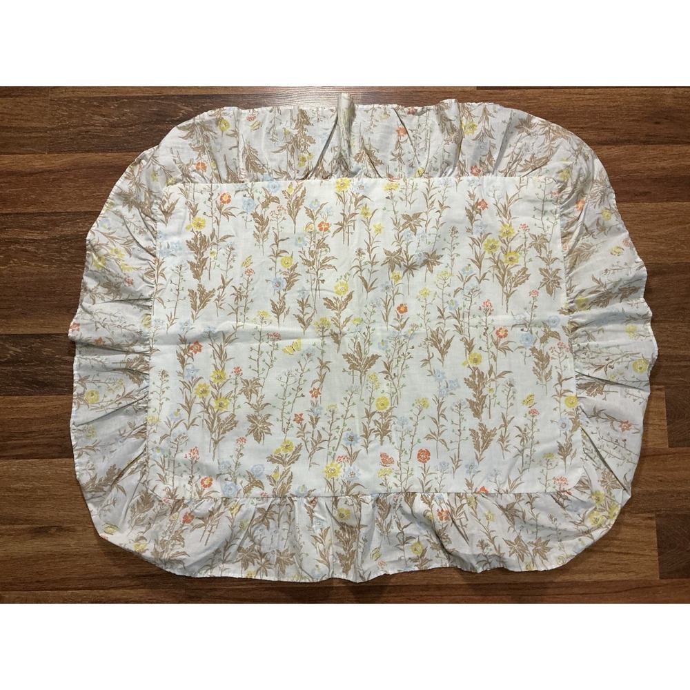 Vtg SEARS PERMA-PREST Floral Butterfly Single Pillow Sham With 4.5"Ruffled Edge